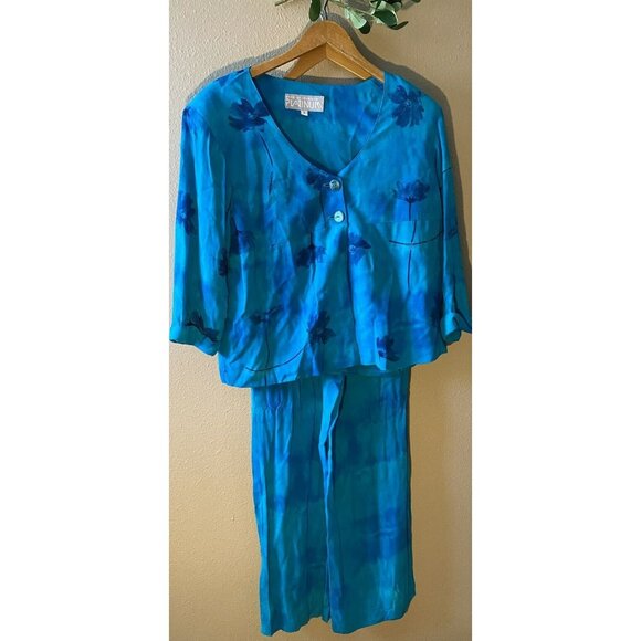 Platinum Dorothy Schoelen 2-Piece Set Hot Tropicals Blouse Pants Large NWT $168 - Picture 1 of 12